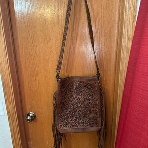 American Darling Brown Tooled Leather Fringe Shoulder Bag